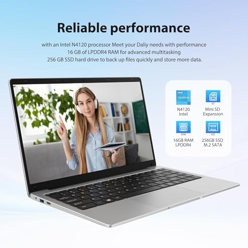 Laptop 14 Zoll FHD Display, 16GB RAM, 256GB SSD TF Erweiterung, Celeron N4120 bis zu 2,6GHz, 5G WiFi, 1920x1080 FHD, inkl. Maus & Mauspad – Win 11 Tragbarer Laptop für Homeoffice, Studium, Streaming 2