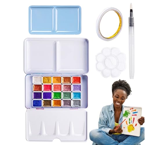 Conjunto de pintura acuarela - Paleta portátil de 20 colores, suministros artísticos para principiantes, kit de pigmentos vibrantes, caja de acuarela de viaje compacta con bandeja de mezcla