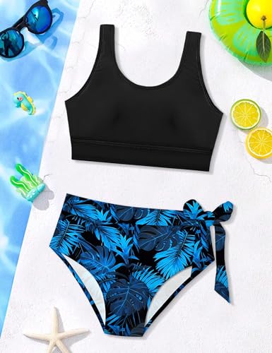 Image of Girls Tankini Swimsuits Tropical Print Bathing Suit Two Piece Girls' Swimwear with Tie Side Knot 9-16T