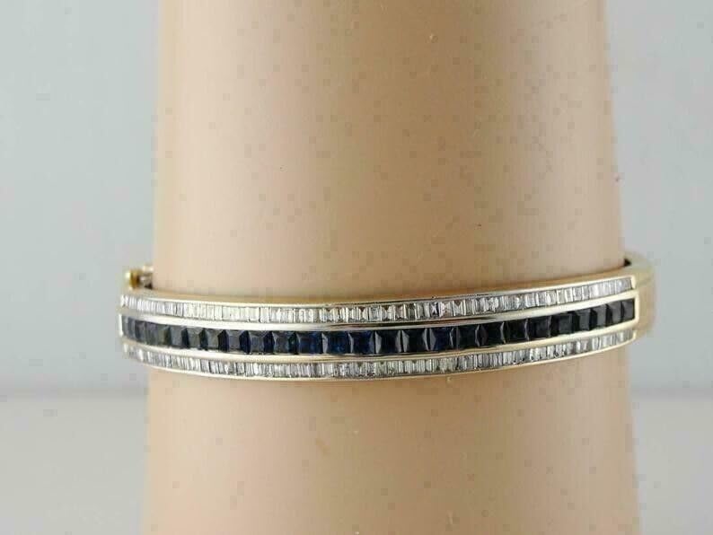 5.00 Ct Vintage Princess Cut Blue Sapphire & Simulated White Diamond 14k Yellow Gold Plated Bangle Bracelet 925 Silver