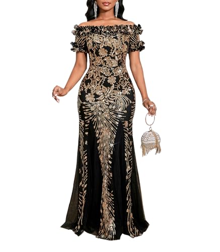 dasmzper Women's Off Shoulder Sequin Formal Evening Gown with Mesh Hem