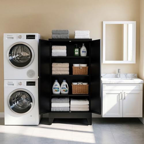 Image of 48 inch H Black Steel Pantry Storage Cabinet with 3 Adjustable Shelves | 4-Tier Tall Metal Cabinets for Kitchen, Living Room, Garage, Heavy Duty Freestanding Utility Cabinet, Assembly Required
