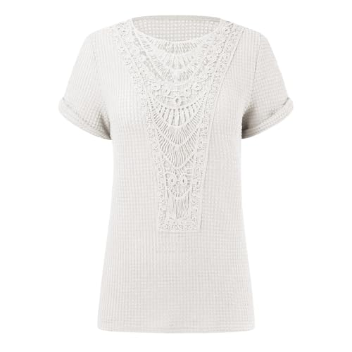 Damska dzianinowa koszulka z krótkim rękawem, t-shirt z dekoltem w serek, seksowna tunika z haftem ażurowym, bluzka, lekka vintage letnia koszulka damska, bluzka-koszula, elegancka górna część