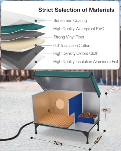 Outdoor Heated Cat House in Winter,Extremely Insulated & Weatherproof,Elevated Feral Cat Shelter with Waterproof Eaves & Escape Door for Outside Stray Barn Cat(Dark Green,L:28.0" Lx16.5 Wx20.0 Th)