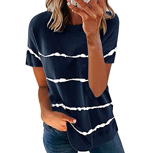 Eryue 2021 Spring and Summer Euro an and American Women's Clothing Cross-bo er Foreign Trade Amazon hot s le tie-dye Printing STRI d Loose Short-Sleeved T-Shirt Women Short Sleeve-bla M offers donot miss