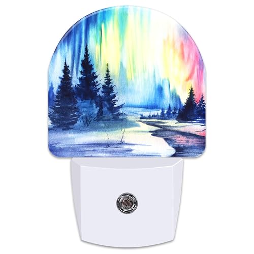 Image of Northern Lights and Forest Night Light for Kids,Winter Aurora Borealis Fir Trees Plug in Night Light with Dusk to Dawn Sensor, 0.5w Energy Saving Nightlight for Hallway Stairway Kitchen Bedroom