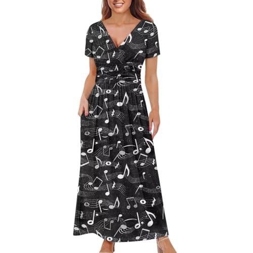 Image of Women's Fall Summer Short Sleeve Ankle Length V-Neck Party Dress with Pockets Size S-3XL