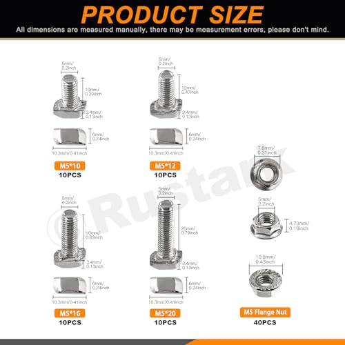 Image of 80Pcs M5x10 /12 /16 /20mm T-Slot Drop-in Bolts with M5 Hexagon Flange Nuts Assortment Kit, Hammer Head Bolt T Shape Sliding Screw Stud for European Standard 20 Series Aluminum Profile