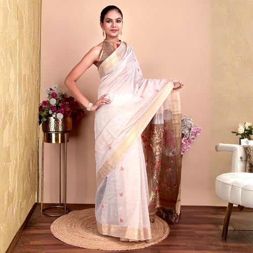 Image of Beige Cotton Saree with Zari Weaving Work and Blouse Piece, Traditional Indian Wear for Women