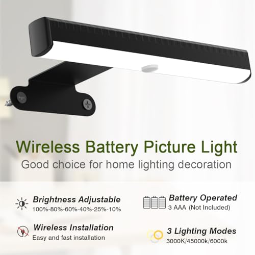4-Pack Wireless Remote Picture Lights – Battery Operated Wall Sconces for Artwork Display, Dimmable with Timer - Black