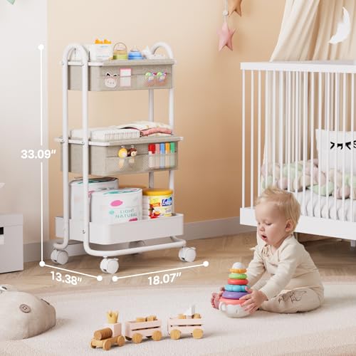 Image of Modanais Baby Diaper Caddy Organizer Cart - 3 Tier Rolling Storage Cart with Wheels, Baby Essentials Nursery Storage, Detachable Dividers - for Crib, Bedroom, Art & Craft Organizer (Off White)