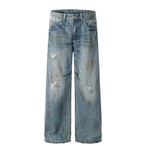 Jeans Pants Trouser Denim Retro Piercing Straight Tube Trendy Street Washed Blue Loose for Men3
