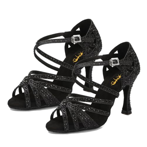 XYD Women Dance Ballroom Latin Jazz Sandals Mid Heels Open Toe Crystal Rhinestones Strappy Sparkling Bridal Evening Fancy Pumps Shoes3