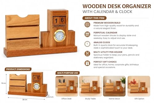 Image of Wooden Desk Organizer with Perpetual Calendar & Analog Clock | Multi-Utility Pen Holder | 20x10x6.5 cm | Natural Wood Finish | Office, Study & Home Decor | Corporate Gift