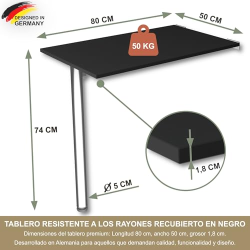 KDR Produktgestaltung Mesa Plegable de Pared con Pata de Mesa Tablero de Escritorio 80x50 cm en Negro Mesa de Comedor Plegable Mesa de Cocina para Montar en la Pared Mesa Plegable de Pared - imagen 2