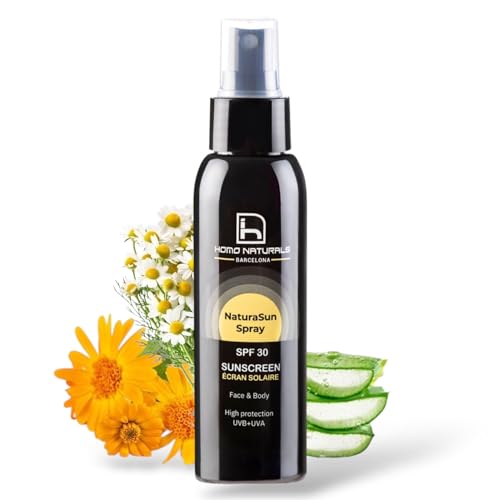 Homo Naturals NaturaSun - Protector Solar en Spray SPF 30 - Spray Solar Facial y Corporal - Protector Solar Vegano con Aloe Vera y Caléndula - Bruma Natural sin Brillos - Protección UVA/UVB - 100 ml