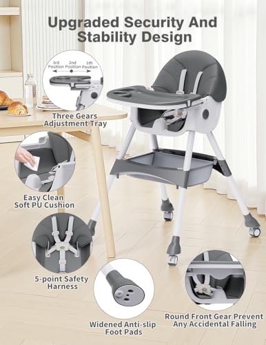 Image of High Chairs for Babies and Toddlers, 4 in 1 Convertible Baby High Chair, Portable High Chair for Travel with Adjustable Height and Back, Foldable HighChair with Wheels& Pu Cushion (Grey)