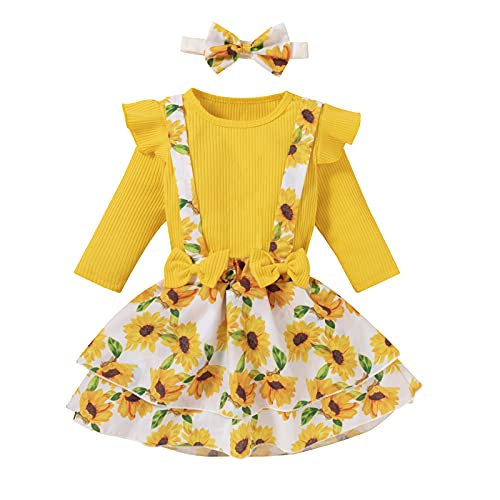 NCONCO Conjunto de 3 piezas de ropa para bebé niña pequeña y camisa acanalada con volantes + falda floral + diadema, amarillo, 4-5 Años Cover