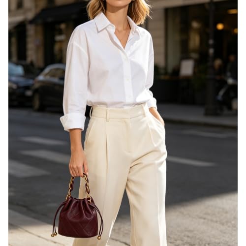 Image of DORIS&JACKY Small Top Handle Bucket Bag, Designer Lambskin Drawstring Crossbody Purse with Chunky Chain Tote Strap