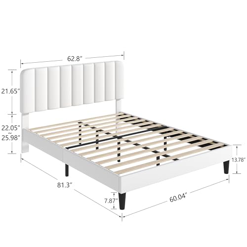 Image of VECELO Queen Size Bed Frame with Upholstered Headboard, Velvet Platform Bedframe Mattress Foundation, Strong Wood Slat Support, No Box Spring Needed,White