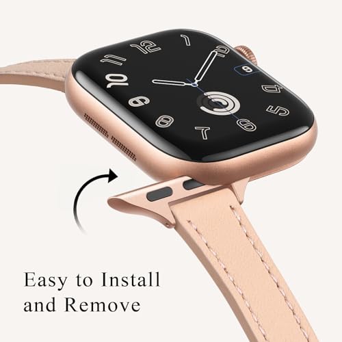 Image of STIROLL Slim Leather Bands Compatible with Apple Watch Band 38mm 40mm 42mm 44mm, Top Grain Leather Watch Thin Wristband for iWatch SE Series 6 /5 /4 /3 /2 /1 (Pale pink with Rose Gold, 38mm /40mm)