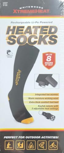 Whitewoods Xtreme Heat™ Rechargeable Li-Po Battery Powered Merino Wool Heated Socks with Keyfob Remote, 3.7v 4000mAh & 8 Hours of Heat (Medium), Black