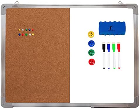 Combination Whiteboard Bulletin Board Set - 24 x 18" Dry Erase/Cork Board with 1 Magnetic Dry Eraser, 4 Markers, 4 Magnets and 10 Thumb Tacks - Small Combo Tack White Board for Home Office Desk