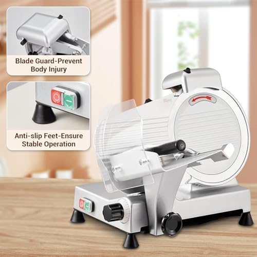Commercial Meat Slicer 240W,Semi-Automatic Meat Cutter Equipped With Detachable Blades of 10in,Food Slicer with Sharpening Stone,0-12mm Adjustable Slice Thickness,for Home and Commercial Use