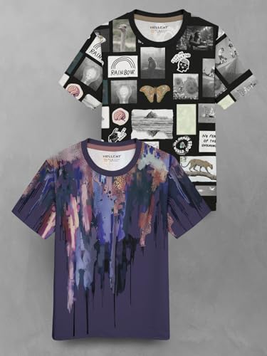 Image of HELLCAT Trendy Front & Back Graphic Printed Cotton Blend Half Sleeve Premium Round Neck Tshirt for Boys - Pack of 2