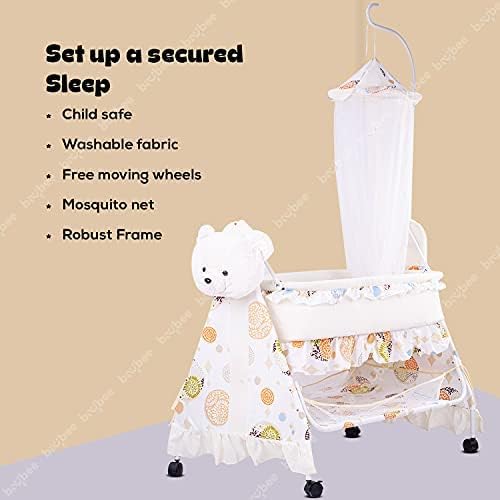 Image of BAYBEE CozyNest Baby Cradle and Swing Jhula for Newborn Babies with Removable Mosquito Net, Washable Fabric, Lockable Wheels & Safe Sleeping Bed Crib for Infants Up to 2 Years (Beige)