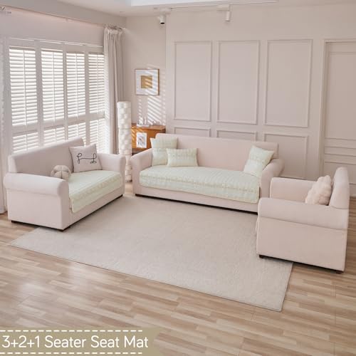 Image of HOKIPO 'BelleLace Series' 6 Seater Sofa Cover Mat in 3 Seater and 2 Seater and 1 Seater Configuration | Imperial Milk Velvet Mat with Anti Slip Backing, Pearl White (AR-5966+5964+5962-WHT)