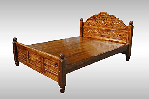 Image of Wooden Cot King Size (78 inchx72 inch) Bedsize Without Storage Teak Finish (Brown)