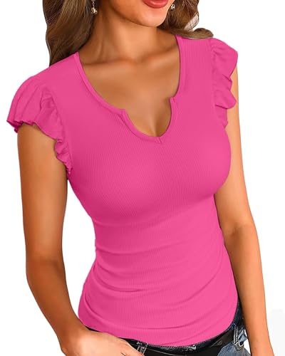 Image of VICHYIE Summer Women Ruffle Cap Sleeve Pretty Fitted Shirt | Ribbed Knit, Basic, Casual, Fashion Blouse, Solid Color
