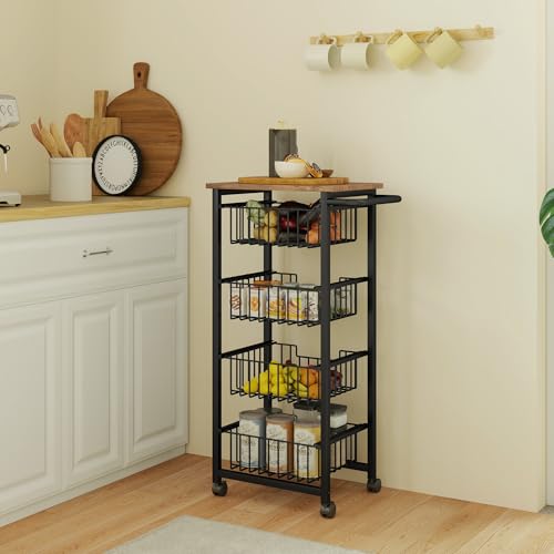 HOMCOM 4-Tier Kitchen Island on Wheels, Rolling Kitchen Storage Trolley with 4 Pull-Out Mesh Baskets, Mobile Utility Serving Cart, Oak - Image 8