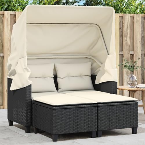 ShGaxin Gartensofa 2-Sitzer mit Dach und Hockern Schwarz Poly Rattan,...