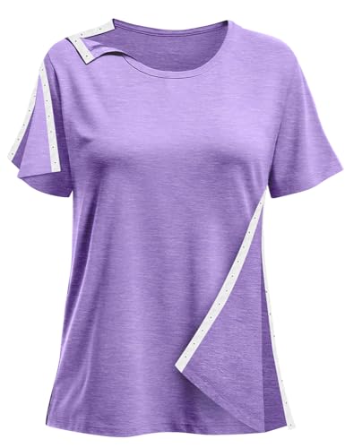 Post Shoulder Surgery Shirts for Women- Short Sleeve-Full Snap-Open Arm Shoulder Recovery Clothing Chemo Clothing (Medium, Purple)