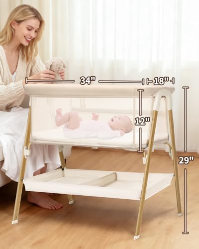 Baby Bassinet, Bedside Bassinet for Baby, Bassinet Bedside Sleeper with Mattress, Storage Basket and 4 Auto-Lock Wheels, Full-Mesh Sides, Bedside Mini Crib for Newborn (Beige) - Image 6