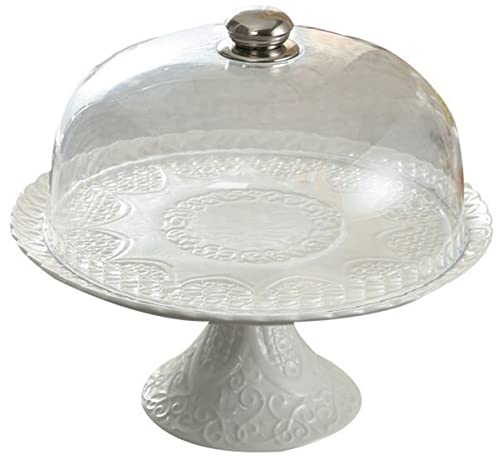 YBK Tech Soporte de porcelana para tartas con tapa de cúpula de plástico acrílico, color blanco Cover