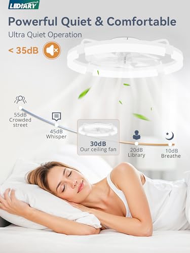 Image of LEDIARY 24 inch Ceiling Fans with Lights and Remote, Modern Low Profile Ceiling Fan, 3 CCT, Stepless Dimmable, Fandelier Flush Mount Fan Light, 6 Speeds, DC Motor, App & Remote Control for Bedroom(White)