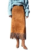 chouyatou Women's Fringe Trim Faux Suede Skirt High Waisted Pencil Dressy Fall Winter...
