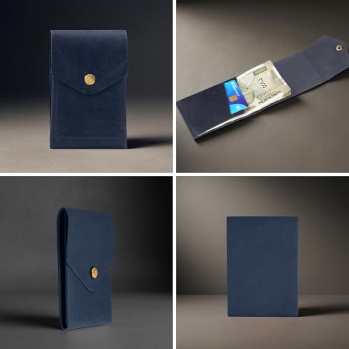 Image of The Wallet Store Flip 2.0 Genuine Leather Vertical Slim Wallet for Men | Pull-String Quick Card Access | Compact Front Cash Pocket & Button Lock | Minimalist Travel & Daily Carry Wallet (Blue)