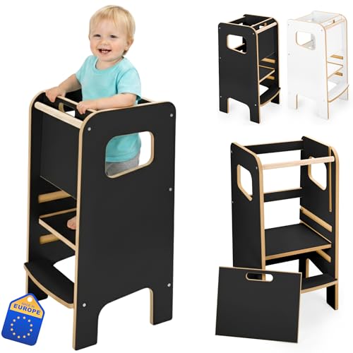 Montessori Lernturm für Kinder mit Riegel – weißer Küchenhelfer Tritthocker für Kleinkinder, sicher & geschlossen, mit Sicherheitsriegel, höhenverstellbar, Elternliebling, modern & stabil