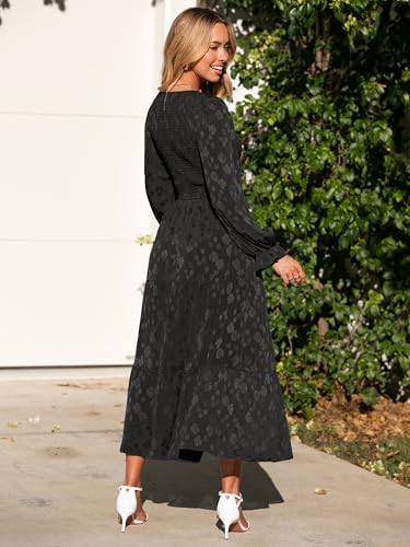Image of Simplee Womens Long Sleeve Smocked Maxi Dress Tiered V Neck Flowy Fall Wedding Guest Long Dresses with Pockets