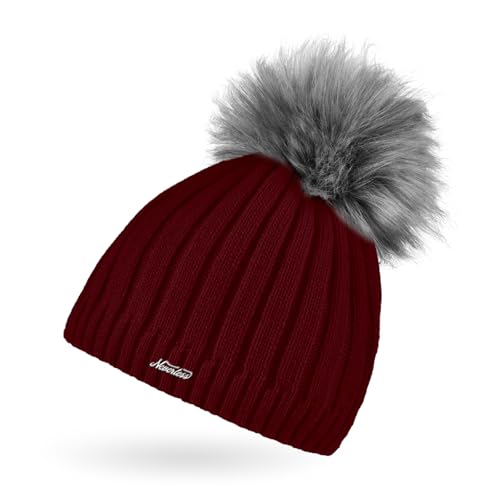 Neverless® Damen Strick-Mütze gefüttert Fell-Bommel Kunstfell Bommelmütze Fleece-Innenfutter Bordeaux
