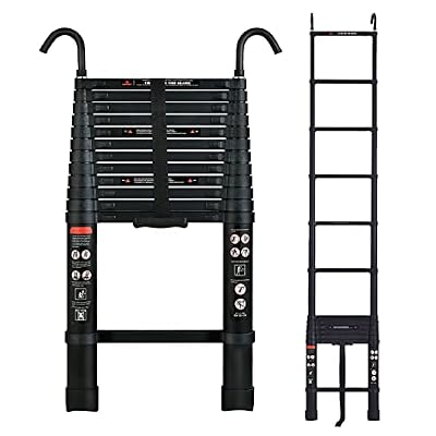 Black Telescoping Ladder - 12.5FT Aluminum Extension Ladder with 2 Hooks - Non-Slip for Home, Roof, RV & Outdoor - Max Load 330LB