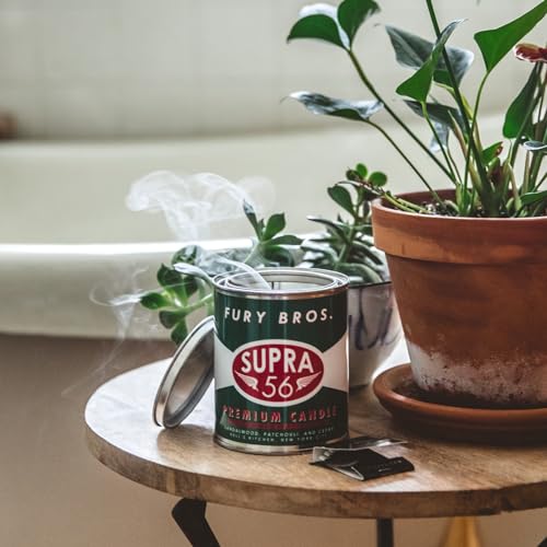 Fury Bros. Scented Candles for Men | Supra 56 | Sandalwood Patchouli Cedar | Natural Soy Wax | Hand-Poured in The USA | Long 70-80 Hour Burn (12.5 oz) | Vintage-Inspired Tin Design | Dad Home Gift