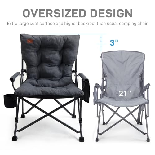 Image of EVER ADVANCED Padded Oversized Folding Camping Chair for Adults, Heavy Duty Lawn Chair with Side Pockets, Portable Collapsible Quad Chair for Outside, Support Up to 500lbs, Black