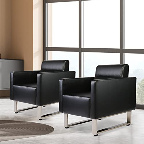 Accent Chair Arm Chair Set of 2 Lounge Sofa Upholstered Faux Leather Club Chair Ergonomic Lumbar Support Cubic Waiting Room Reception Chair Modern for Living Room Hotel Lobby Office Salon Brush Nickel
