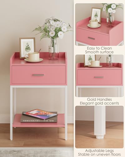 Image of Masupu Nightstand,Bedside Table 3-Tier Modern Night Stand with Storage Drawer and Shelf,Small End Side Table for Bedroom,Living Room,Black (Without Outlet, Pink)