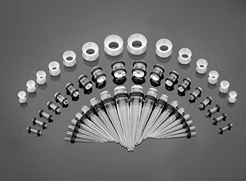 50Pcs Ear Stretching Kit Silicone Tunnels Acrylic Tapers And Plugs 14G-00G Gauges Set Eyelet Expanders For Women Men Body Piercing Jewelry (Transparent) #TOP6